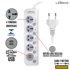 Extensão Elétrica 4 Tomadas Universais + 2 USB LEY-1635 Lehmox